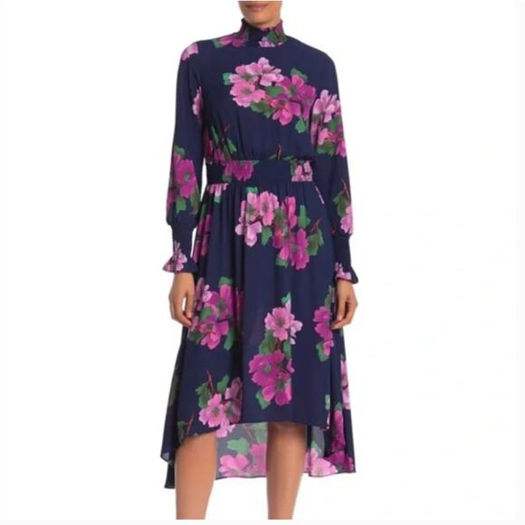 Nanette Lepore Floral Smocked Neck Midi Dress 2 - Picture 1 of 9